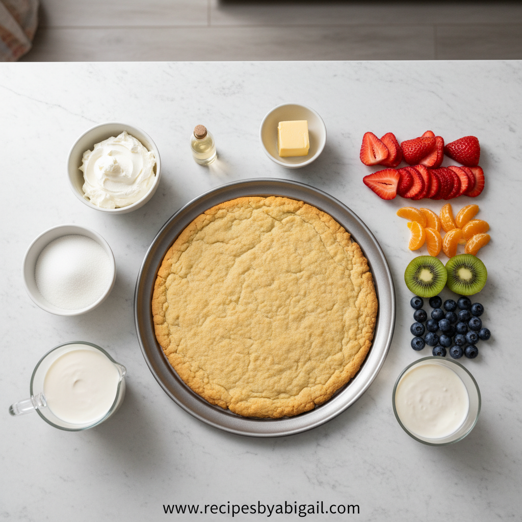 7 Creative Fruit Pizza Ideas With Sugar Cookie Dough: Easy But Good Desserts 2 Ingredients for fruit pizza including sugar cookie dough, cream cheese, and assorted fruits