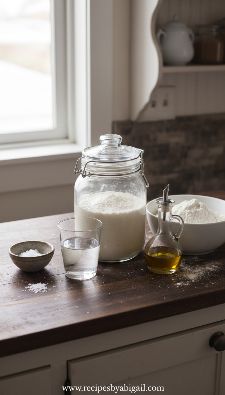 Ingredients for sourdough pizza crust including flour, sourdough starter, olive oil, and salt