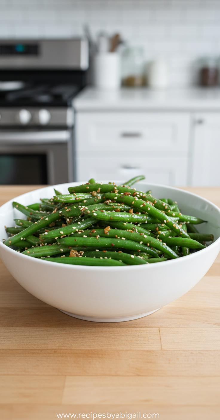 5-Ingredient Sesame Green Beans - Quick Asian-Style Side Dish Ready in 10 Minutes 1 Beautiful bowl of sesame green beans with sesame seeds and Asian seasonings