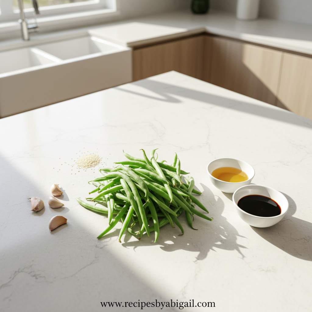 5-Ingredient Sesame Green Beans - Quick Asian-Style Side Dish Ready in 10 Minutes 2 Fresh green beans, sesame oil, soy sauce, sesame seeds, and garlic arranged for cooking