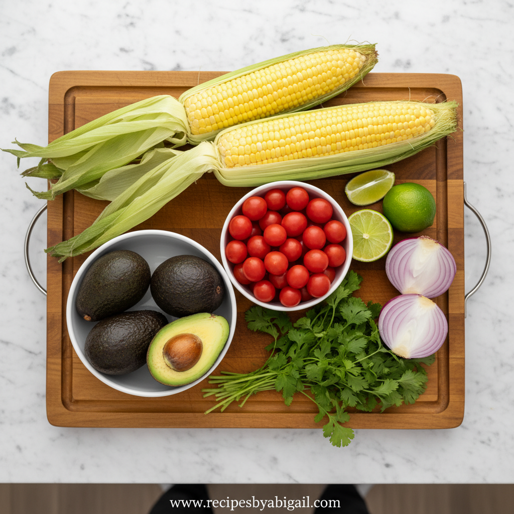 Ingredients for avocado corn salad arranged beautifully