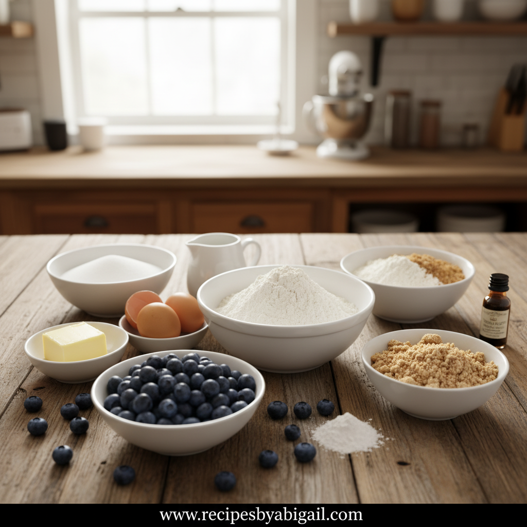 Ingredients for bakery style blueberry muffins with streusel
