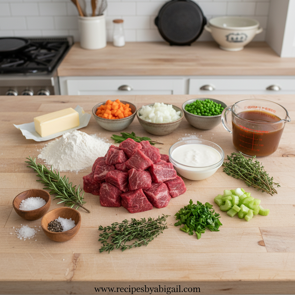 Ingredients for herbed biscuit beef pot pie