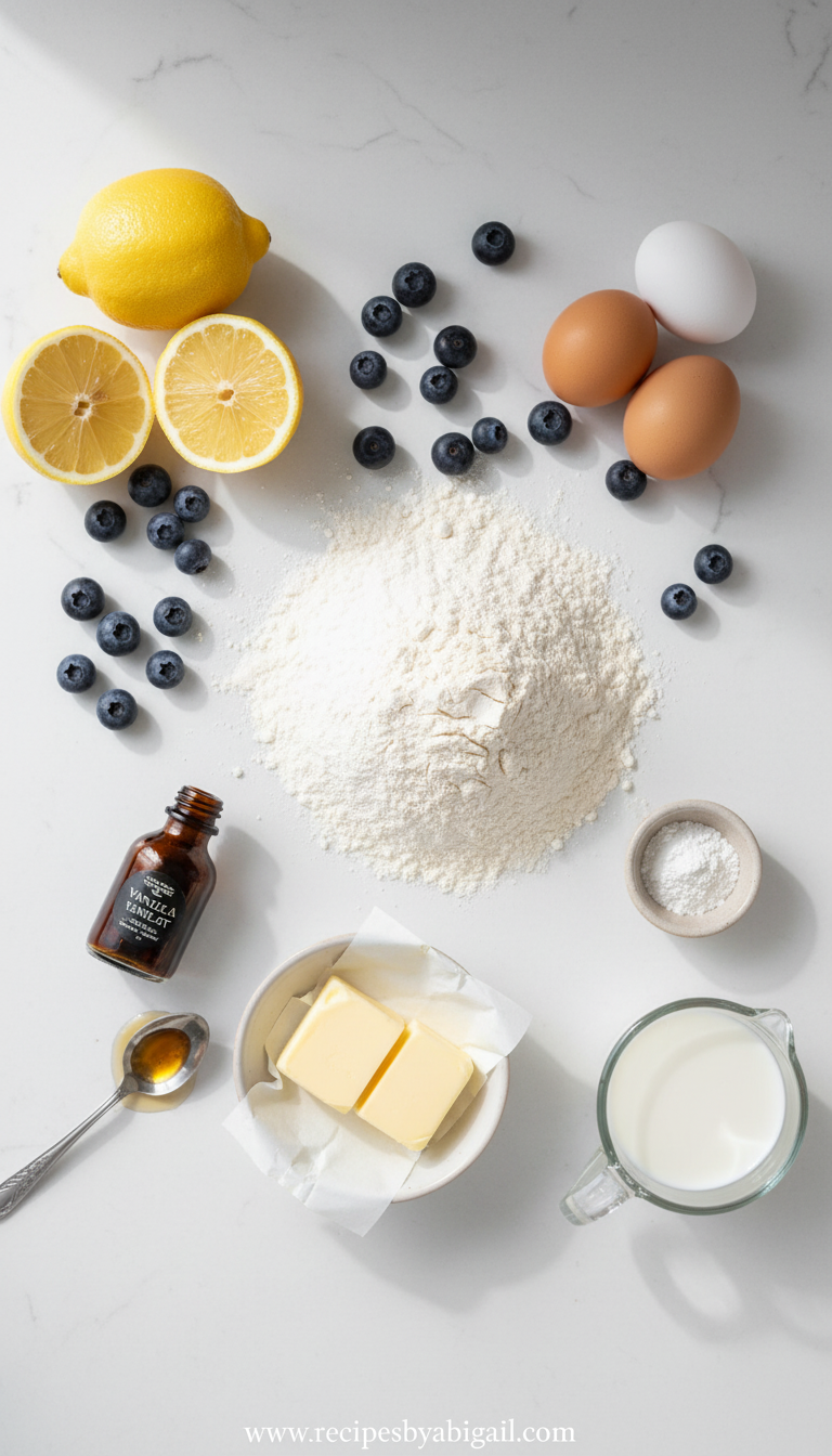 Ultimate Lemon Blueberry Loaf Recipe: Moist Bakery-Style Quick Bread 2 Ingredients for lemon blueberry loaf arranged on kitchen counter