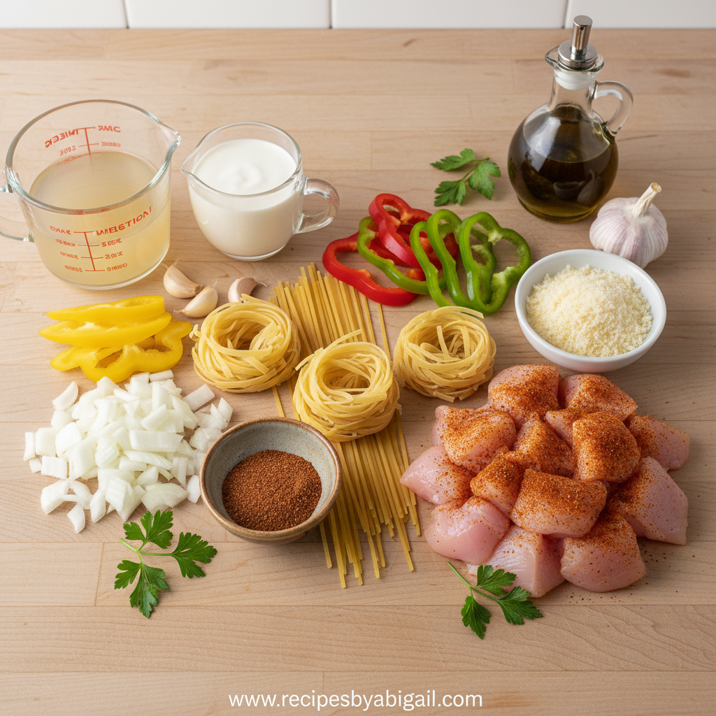 Ultimate Creamy Cajun Chicken Spaghetti Recipe: Bold One-Pot Weeknight Dinner 2 Ingredients for Cajun chicken spaghetti laid out on counter