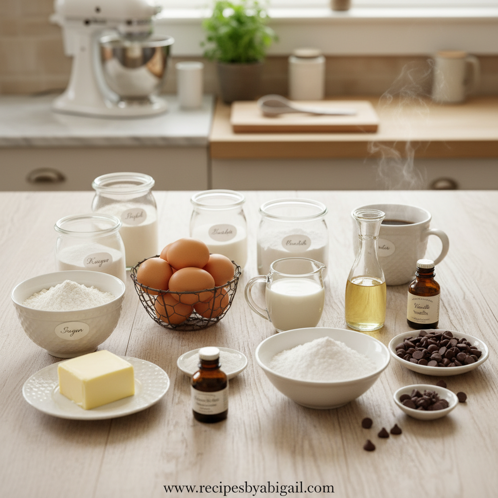 Ingredients for chocolate cake including flour, cocoa powder, sugar, eggs, and butter