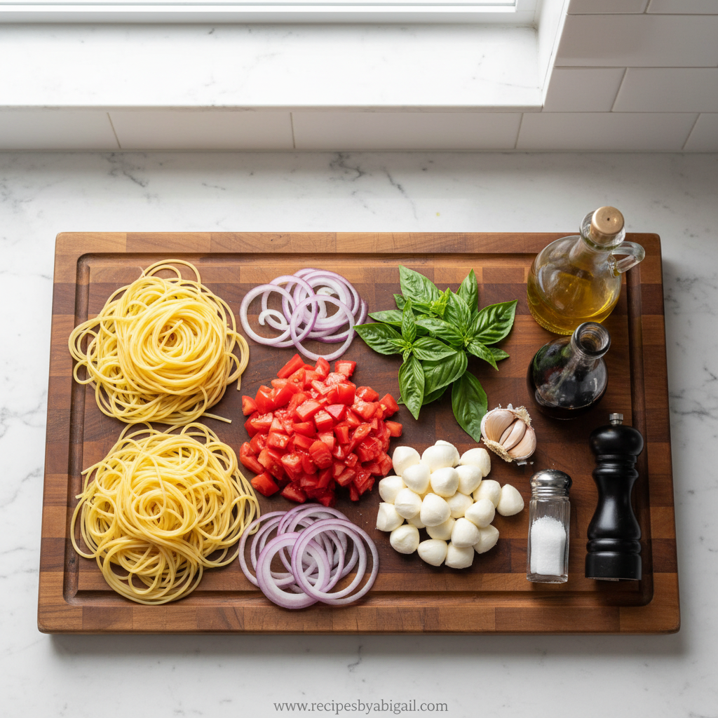 Ultimate Bruschetta Pasta Salad Recipe: Fresh Tomato Basil Italian Delight 2 Ingredients for bruschetta pasta salad laid out on counter
