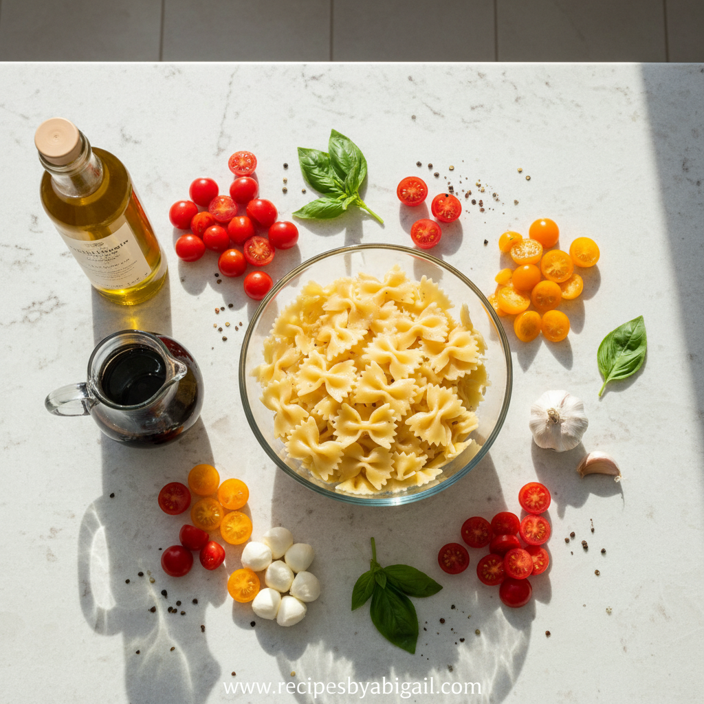 Fresh ingredients for bruschetta pasta salad arranged on countertop