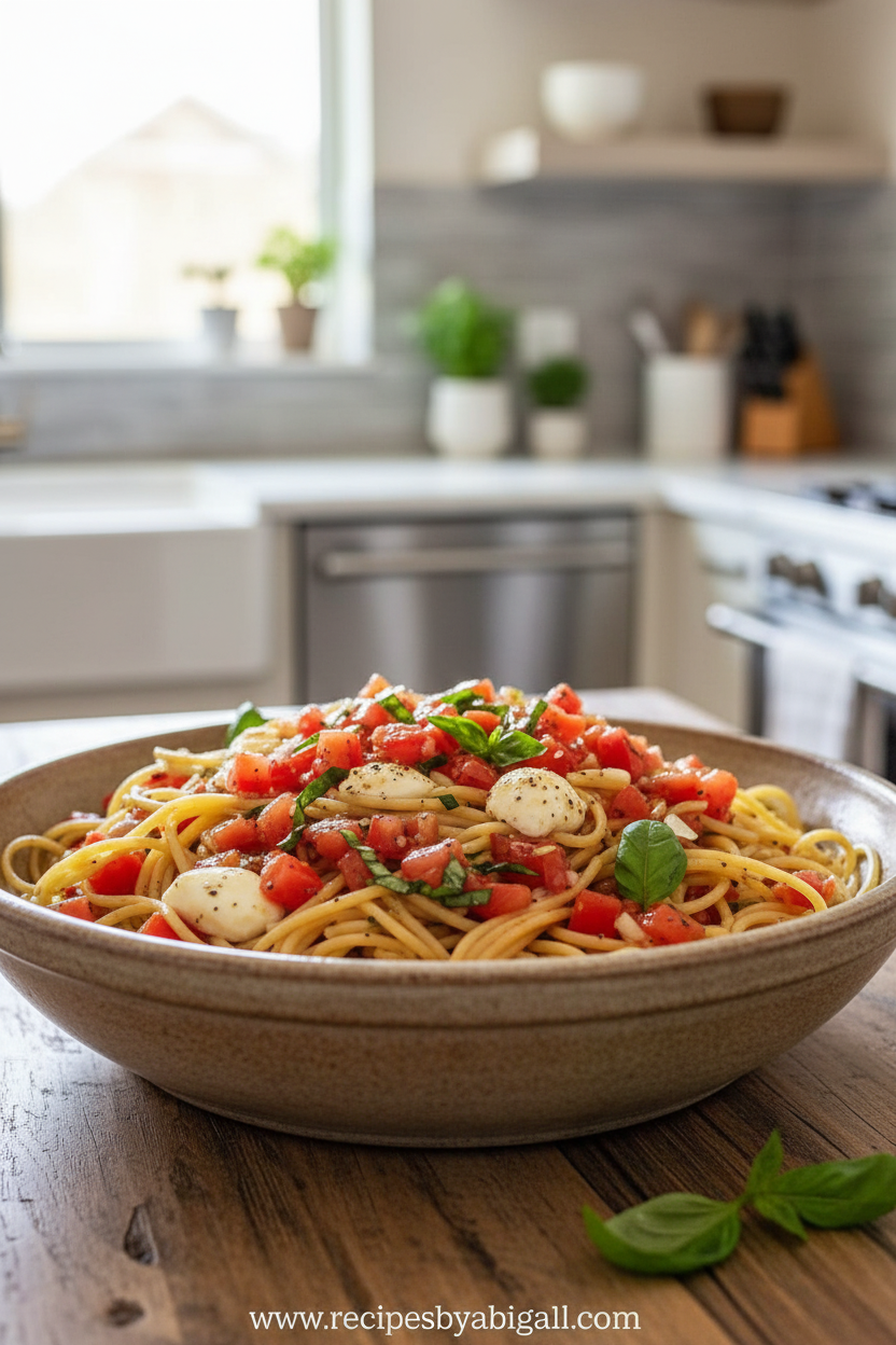 Ultimate Bruschetta Pasta: Fresh Tomato Basil Italian Delight 1 Vibrant bruschetta pasta dish with fresh tomatoes, basil, and garlic