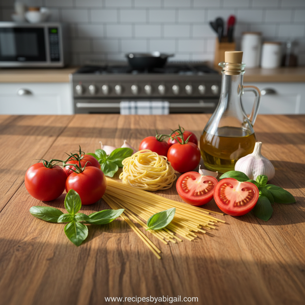 Ultimate Bruschetta Pasta: Fresh Tomato Basil Italian Delight 2 Fresh ingredients for bruschetta pasta: tomatoes, basil, garlic, pasta