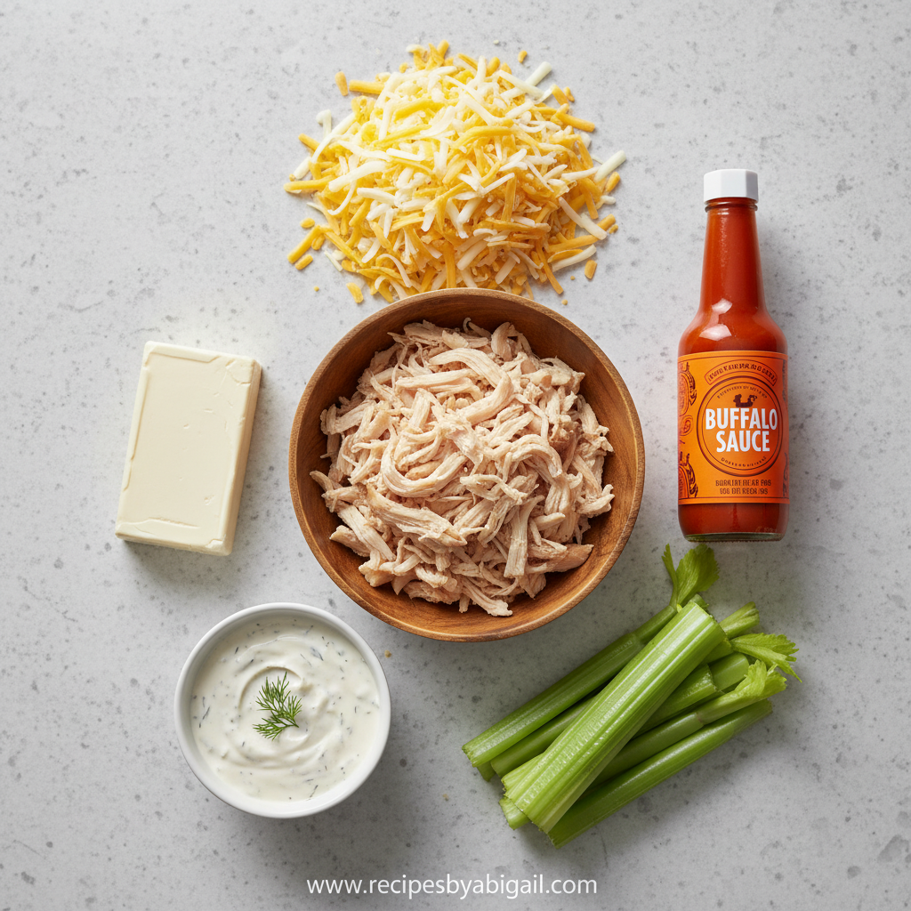 Ingredients for buffalo chicken dip including cream cheese, chicken, buffalo sauce, ranch seasoning and cheese
