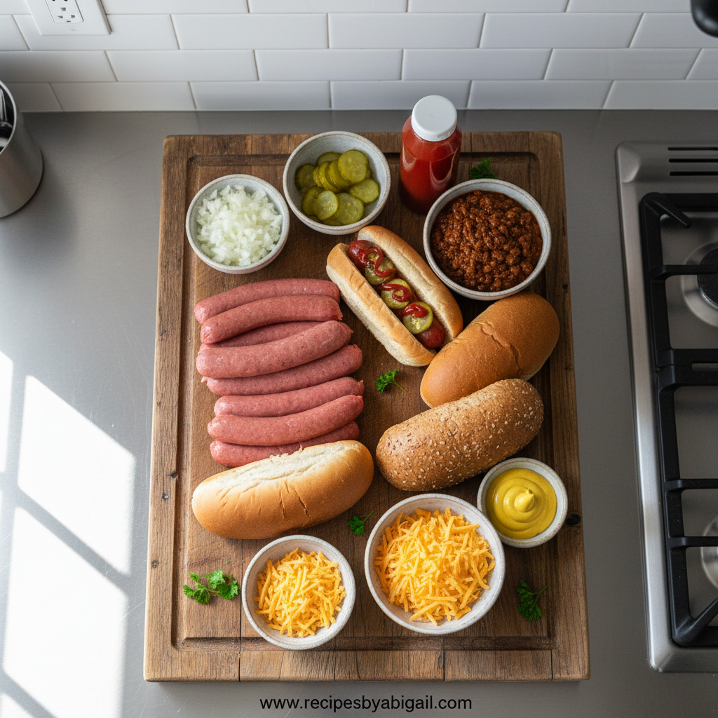 Assorted hot dog toppings and ingredients spread out