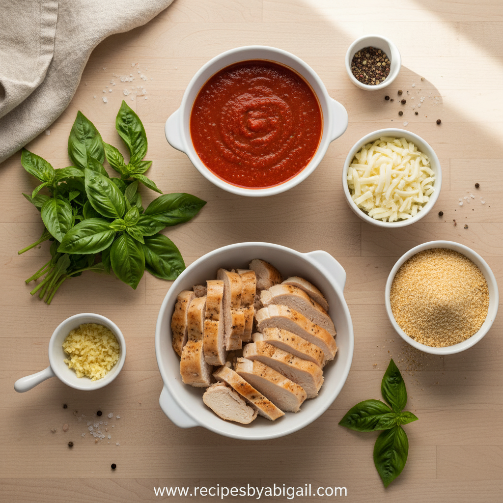 Ingredients for chicken Parmesan casserole including chicken, marinara sauce, and cheeses