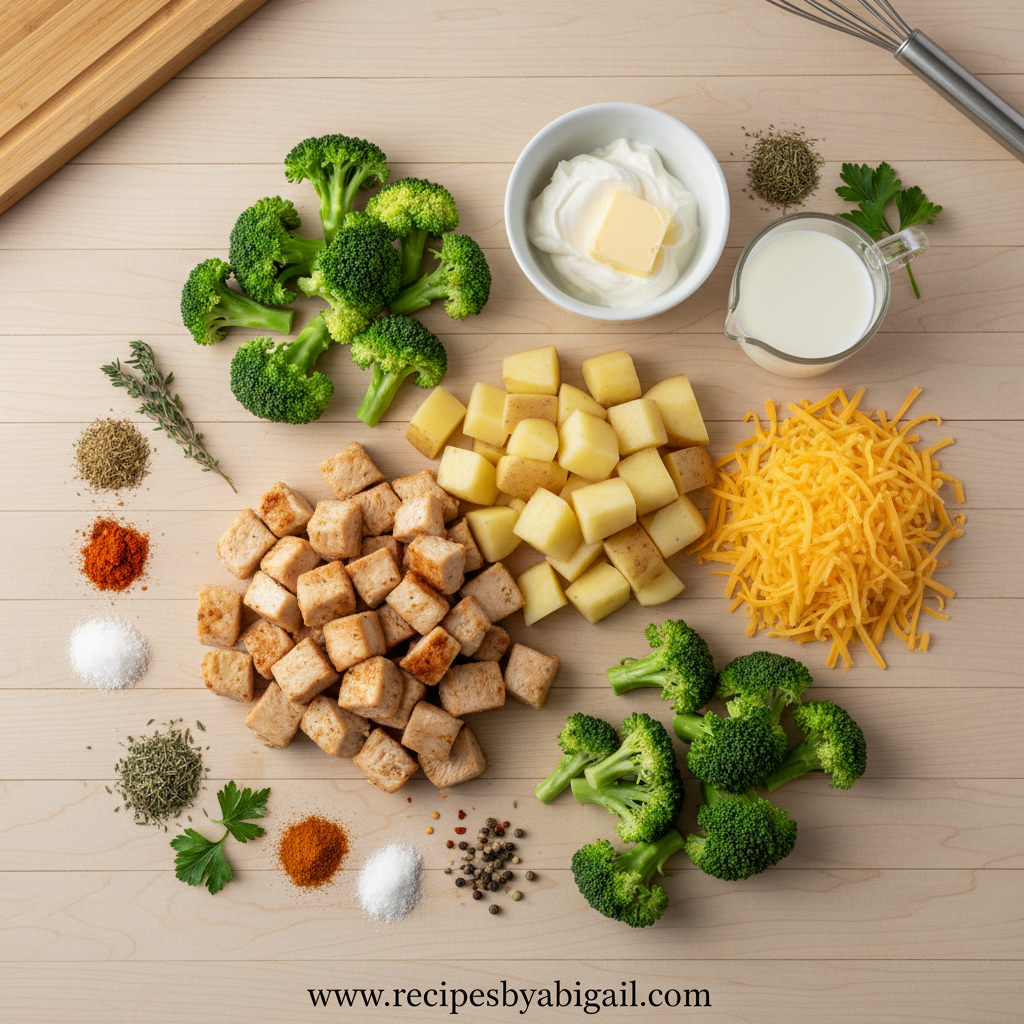 Ingredients for cheesy chicken potato broccoli casserole laid out on counter
