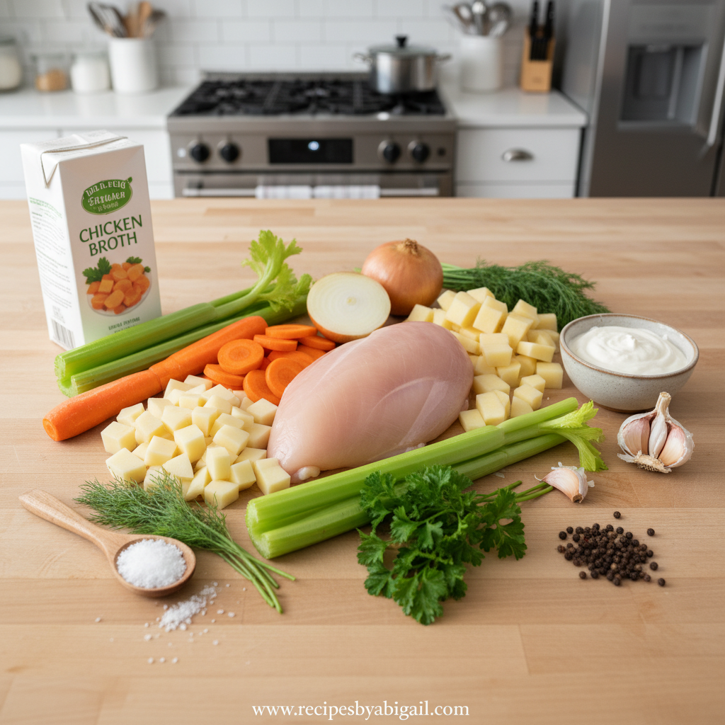 Ingredients for creamy chicken potato soup arranged on counter