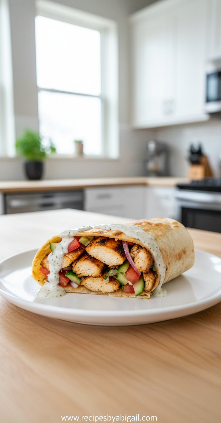 Easy Chicken Shawarma Recipe with Creamy Garlic Sauce | Middle Eastern Street Food Inspired 1 Delicious homemade chicken shawarma wraps with creamy garlic sauce on a wooden board