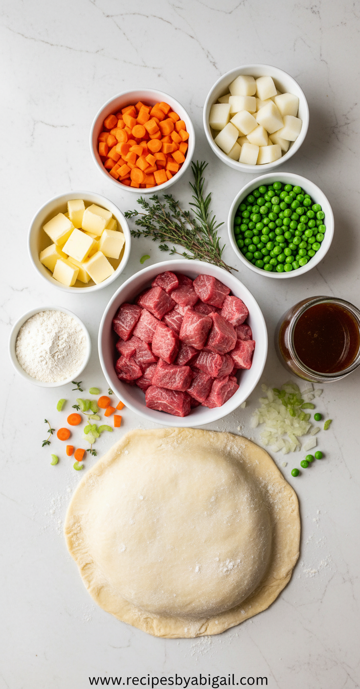 Fresh ingredients for classic beef pot pie including beef, vegetables, and pastry