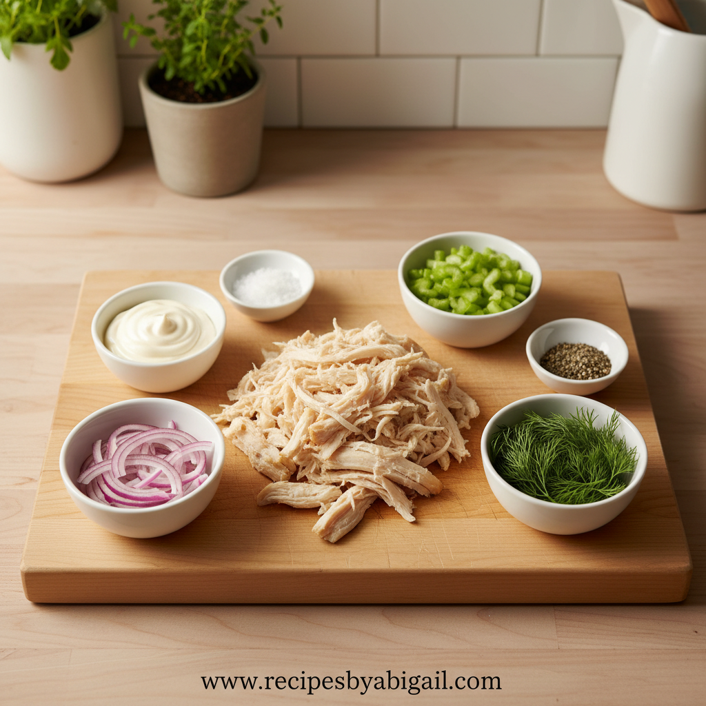 Fresh ingredients for chicken salad including chicken, celery, onions and herbs