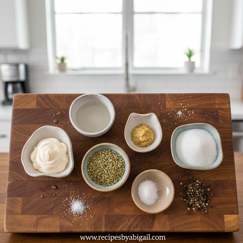 Ingredients for homemade coleslaw dressing on kitchen counter