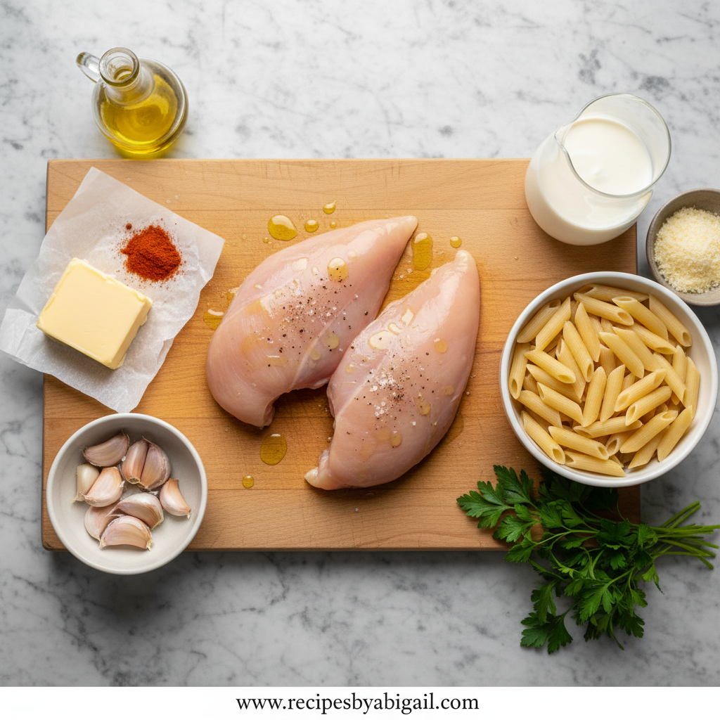 Smoky Garlic Butter Chicken Pasta: Ultimate One-Pan Comfort Dinner 2 Ingredients for smoky garlic butter chicken pasta including chicken, pasta, garlic, butter, and seasonings