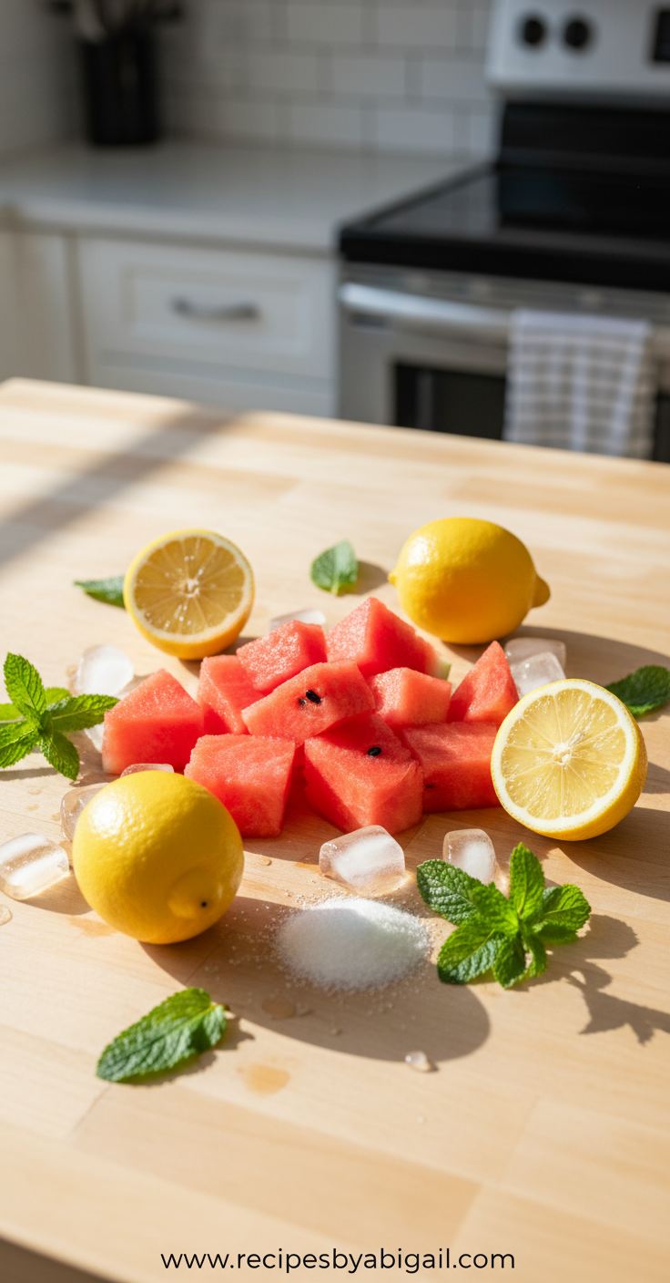 Fresh watermelon, lemons, mint leaves, and sugar for making lemonade