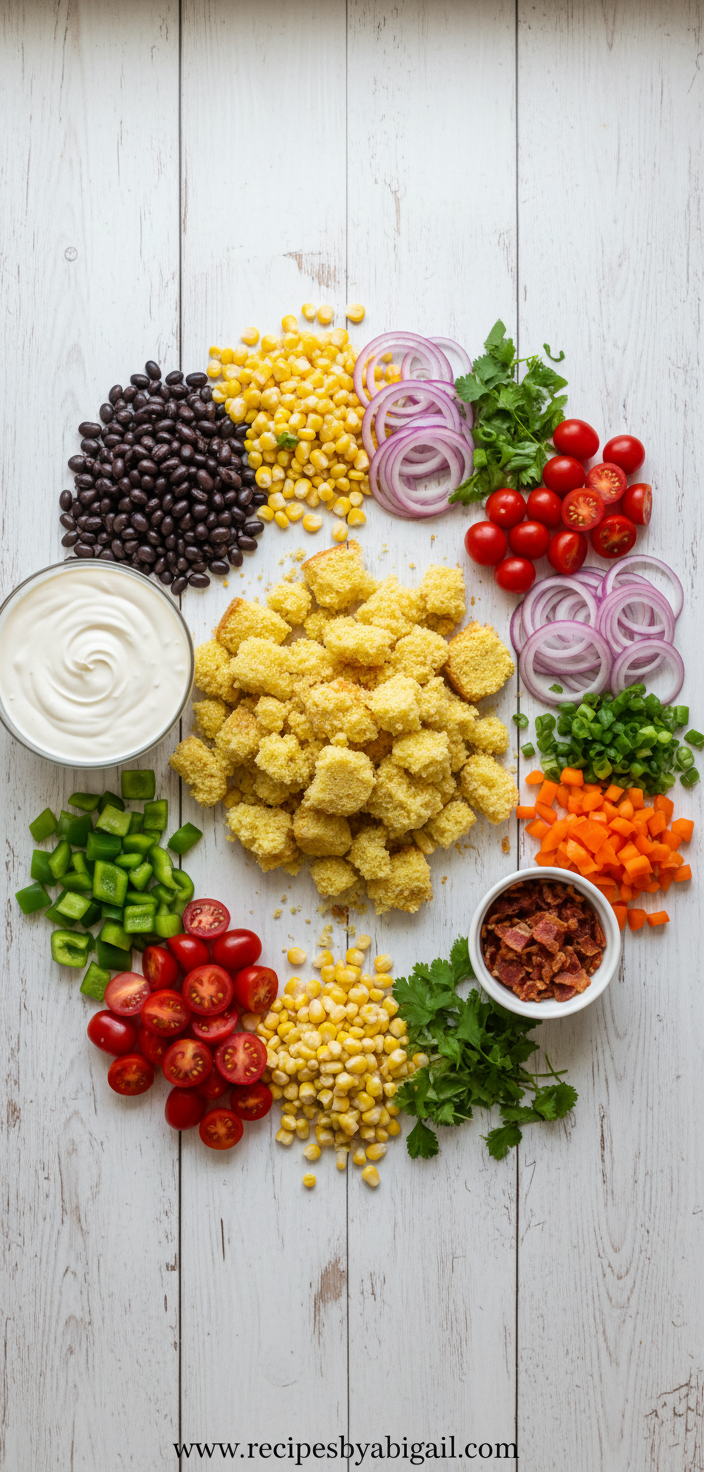 Classic Cornbread Salad Recipe - Easy Layered Southern Style Side Dish 2 Ingredients for cornbread salad including cornbread, vegetables, and dressing