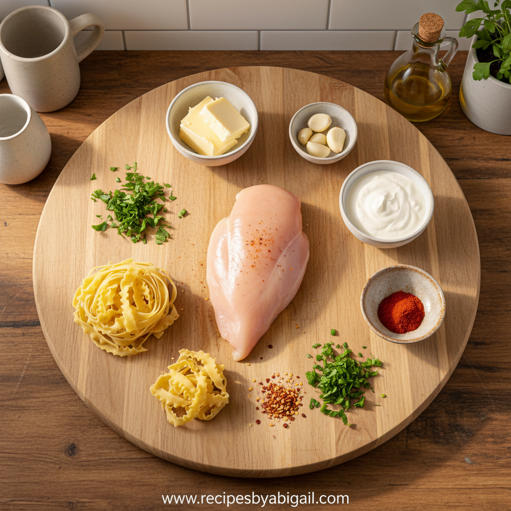Ingredients for cowboy butter chicken pasta laid out on counter