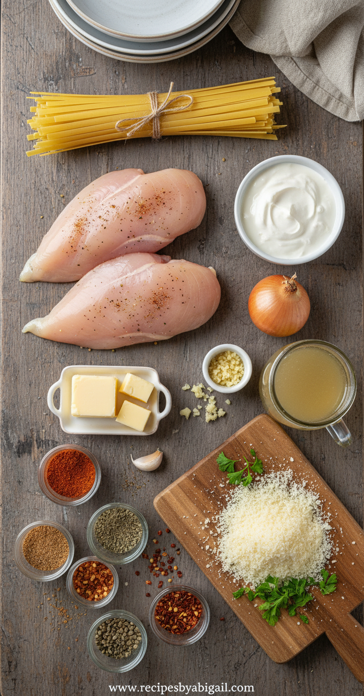 Cowboy Butter Chicken Pasta: Easy Creamy Western Dinner Recipe 2 Ingredients for cowboy butter chicken pasta including chicken, pasta, butter, and spices