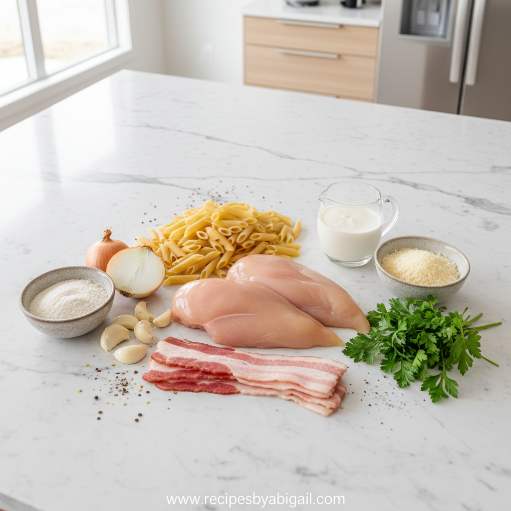 Ingredients for creamy chicken ranch pasta including pasta, chicken, turkey ham, and ranch seasoning