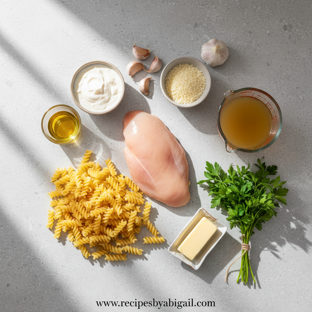 Ingredients for garlic parmesan chicken pasta laid out on a kitchen counter
