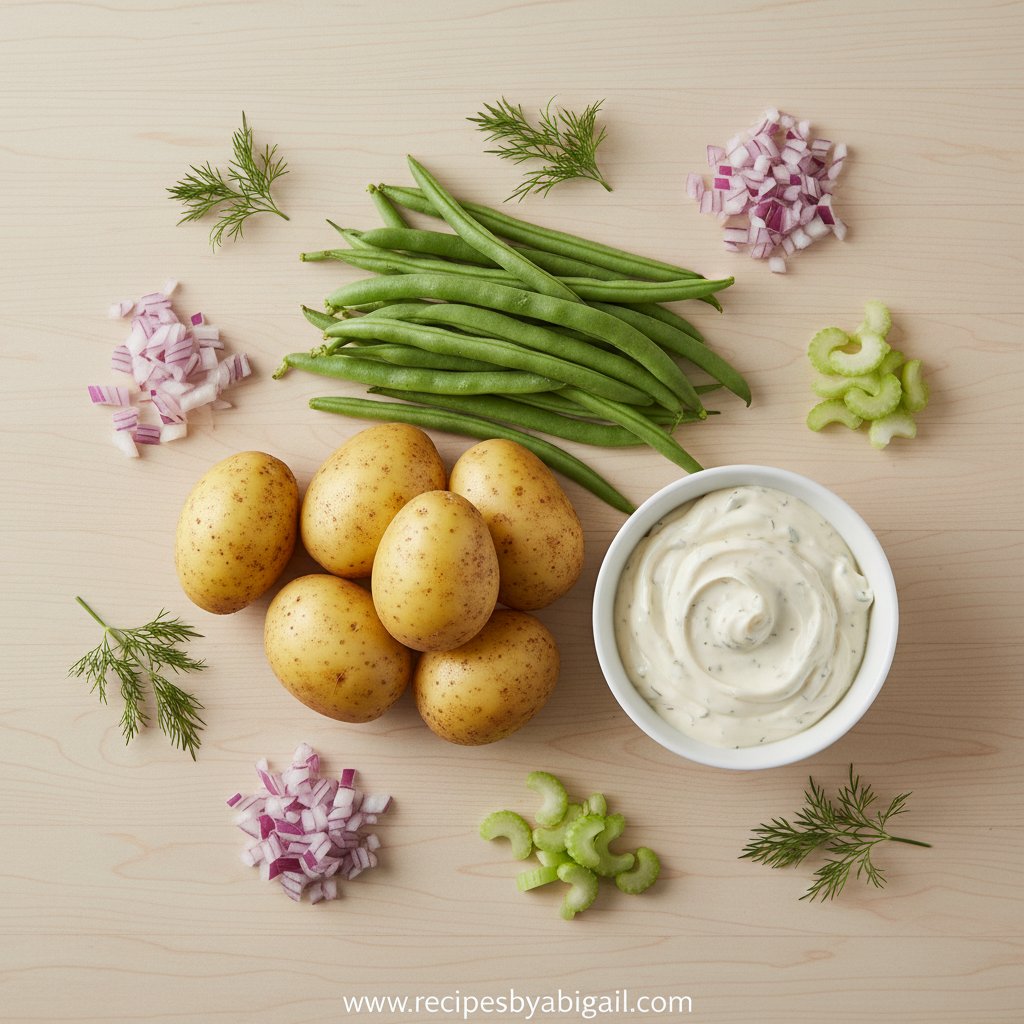 Creamy Green Bean Potato Salad - Ultimate Summer Side Dish Recipe 2 Ingredients for creamy green bean potato salad arranged on counter