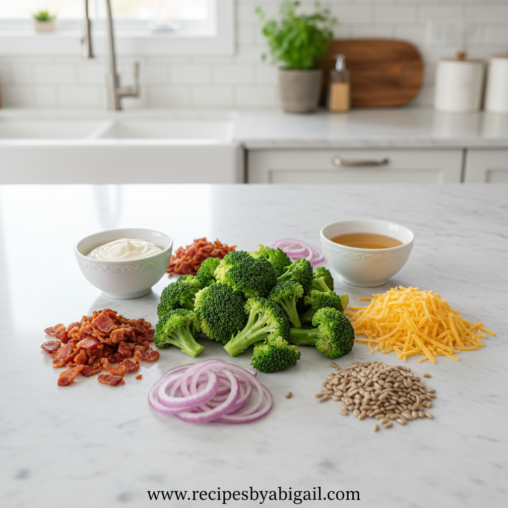 Creamy Keto Broccoli Salad with Turkey - Low Carb Sugar Free Side Dish 2 Ingredients for keto broccoli salad including broccoli, turkey bites, red onion, and dressing components