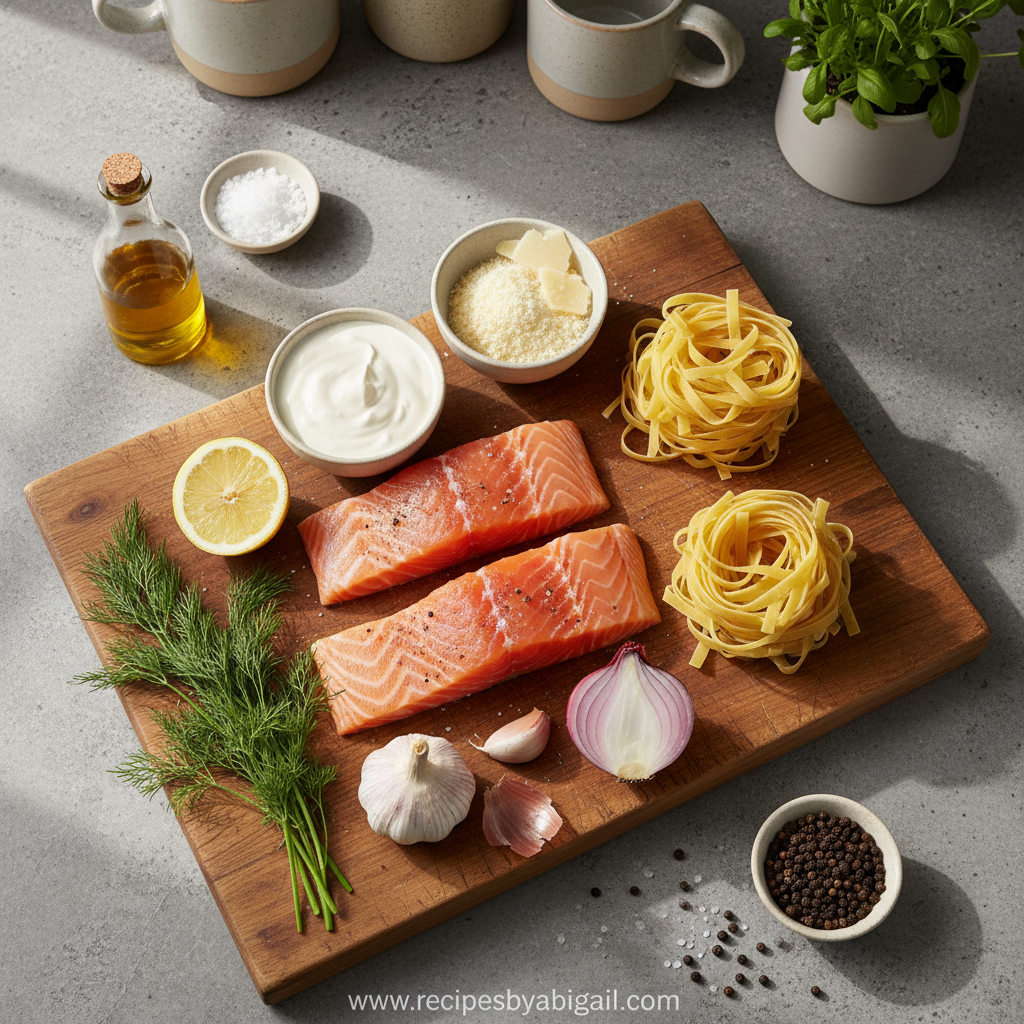 Ingredients for creamy salmon pasta recipe