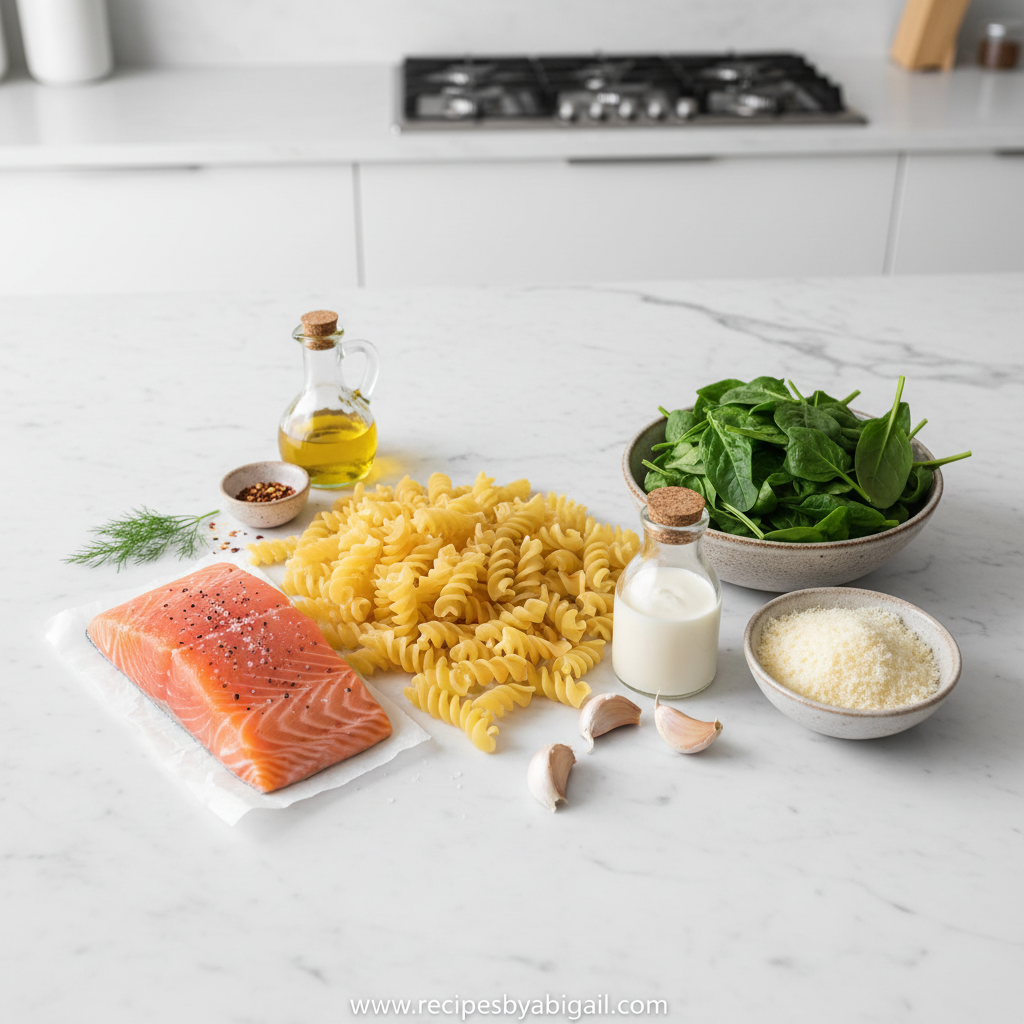 Creamy Salmon Spinach Pasta - Restaurant Worthy 25-Minute Dinner Recipe 2 Ingredients for creamy salmon spinach pasta laid out on counter