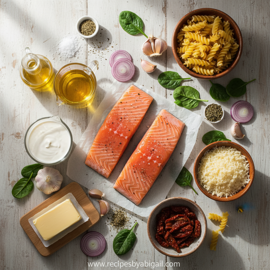 Ingredients for creamy Tuscan salmon pasta