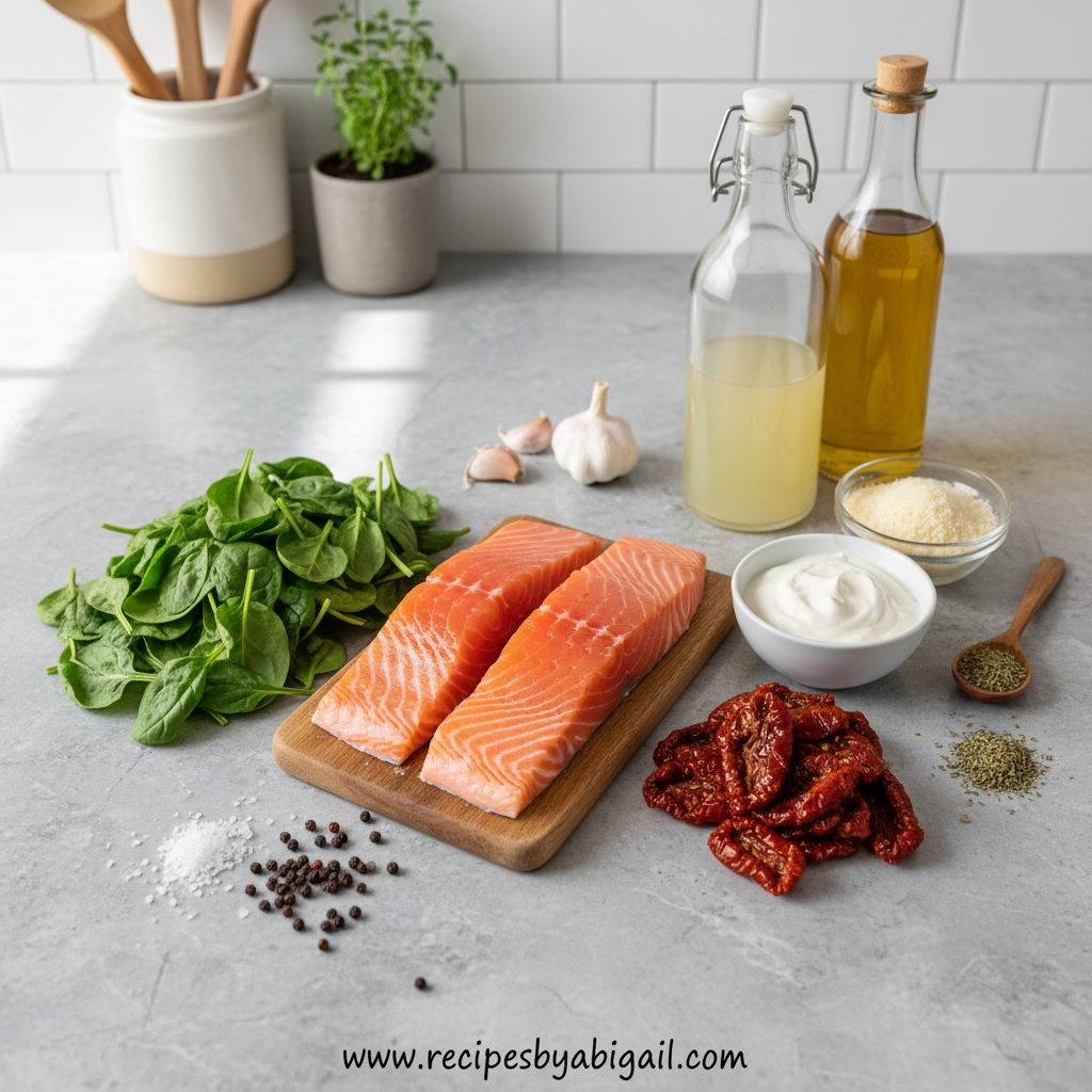 Ultimate Creamy Tuscan Salmon Recipe: Restaurant-Style Pan-Seared Delight 2 Ingredients for creamy Tuscan salmon arranged on wooden board