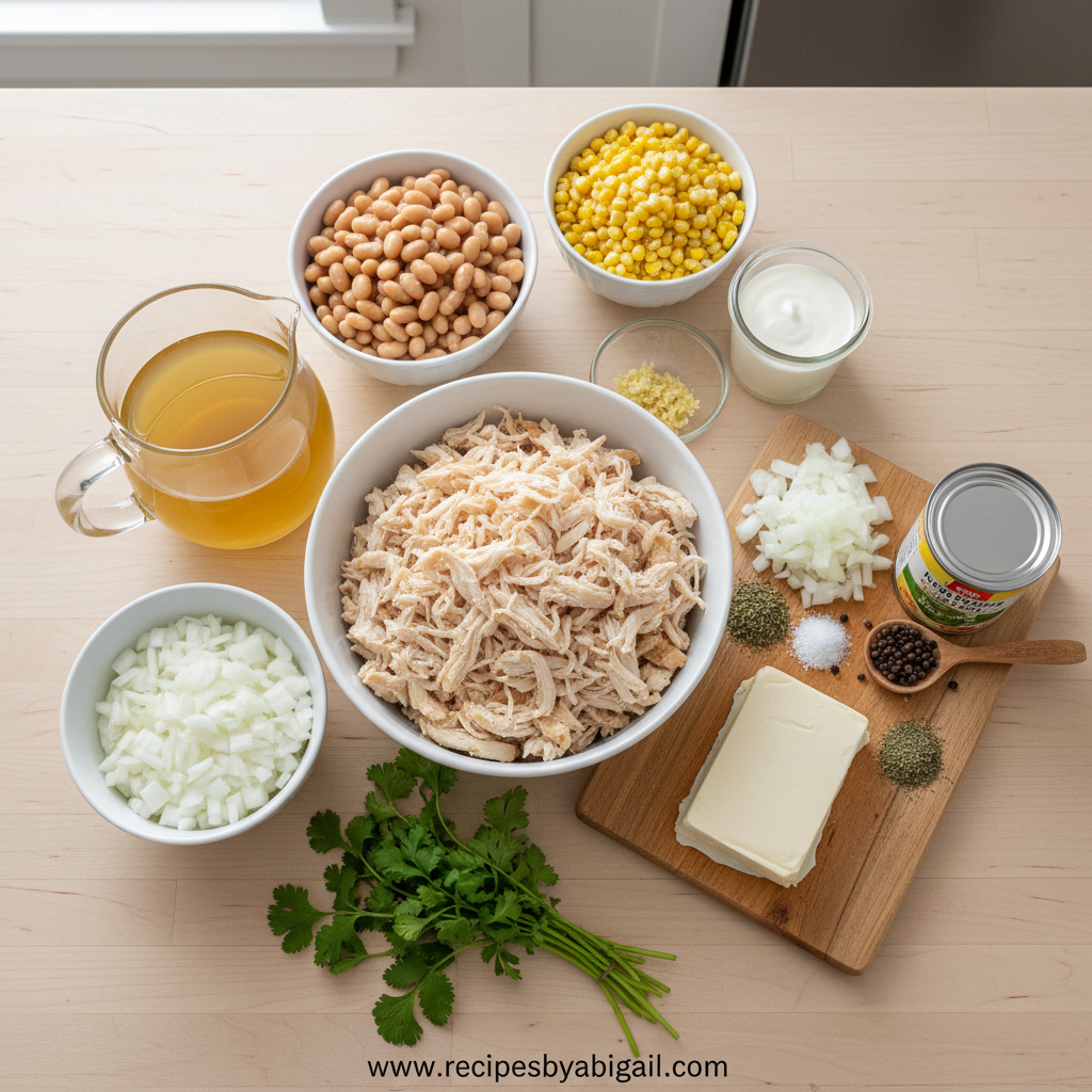 Ingredients for creamy white chicken chili arranged on counter