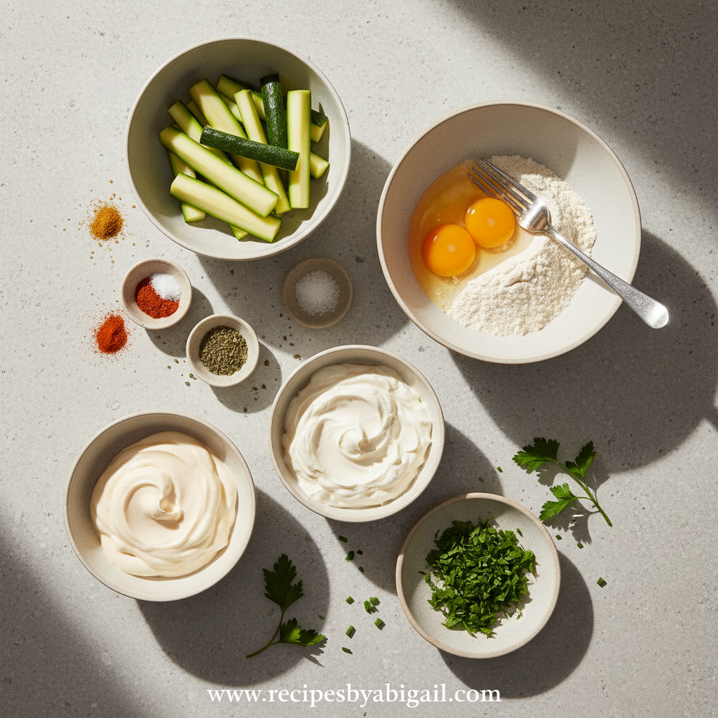 Ingredients for zucchini fries and ranch dip arranged beautifully