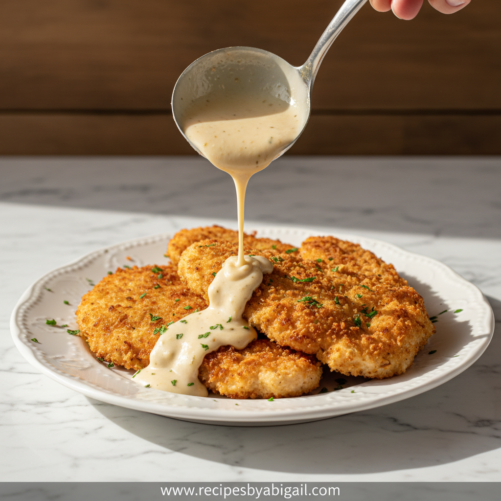 Crispy Parmesan Chicken with Creamy Garlic Sauce - Restaurant Style Dinner 1 Crispy parmesan chicken with creamy garlic sauce served on a plate