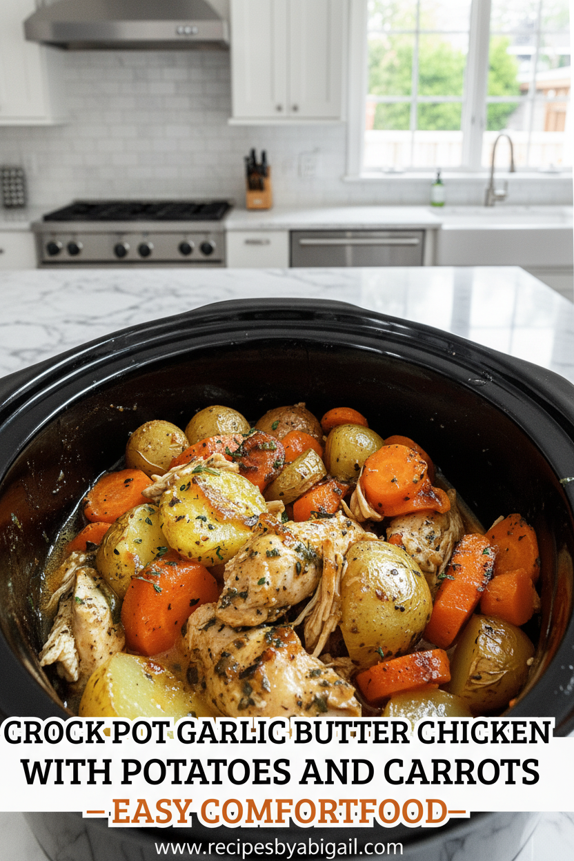Crock pot garlic butter chicken with potatoes and carrots ready to serve