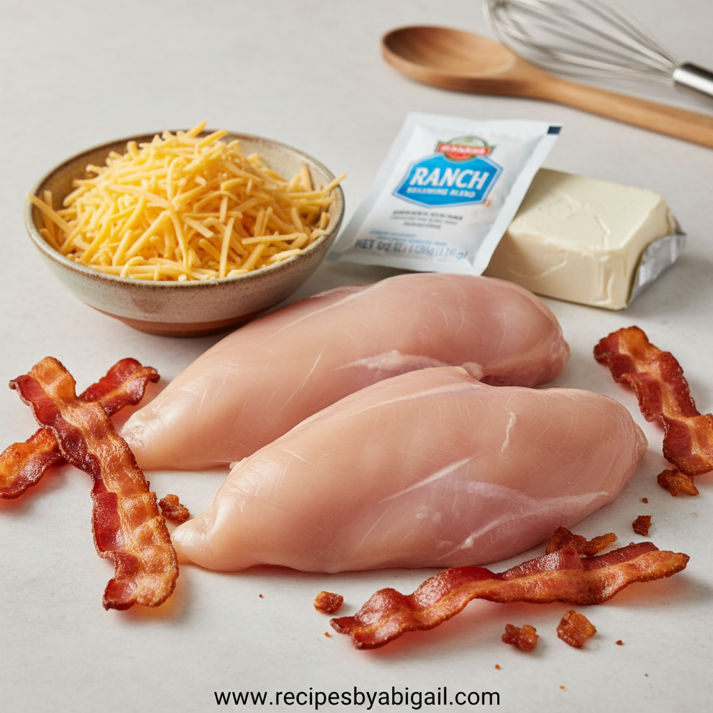 Ingredients for creamy crockpot chicken including cream cheese, chicken, and rice