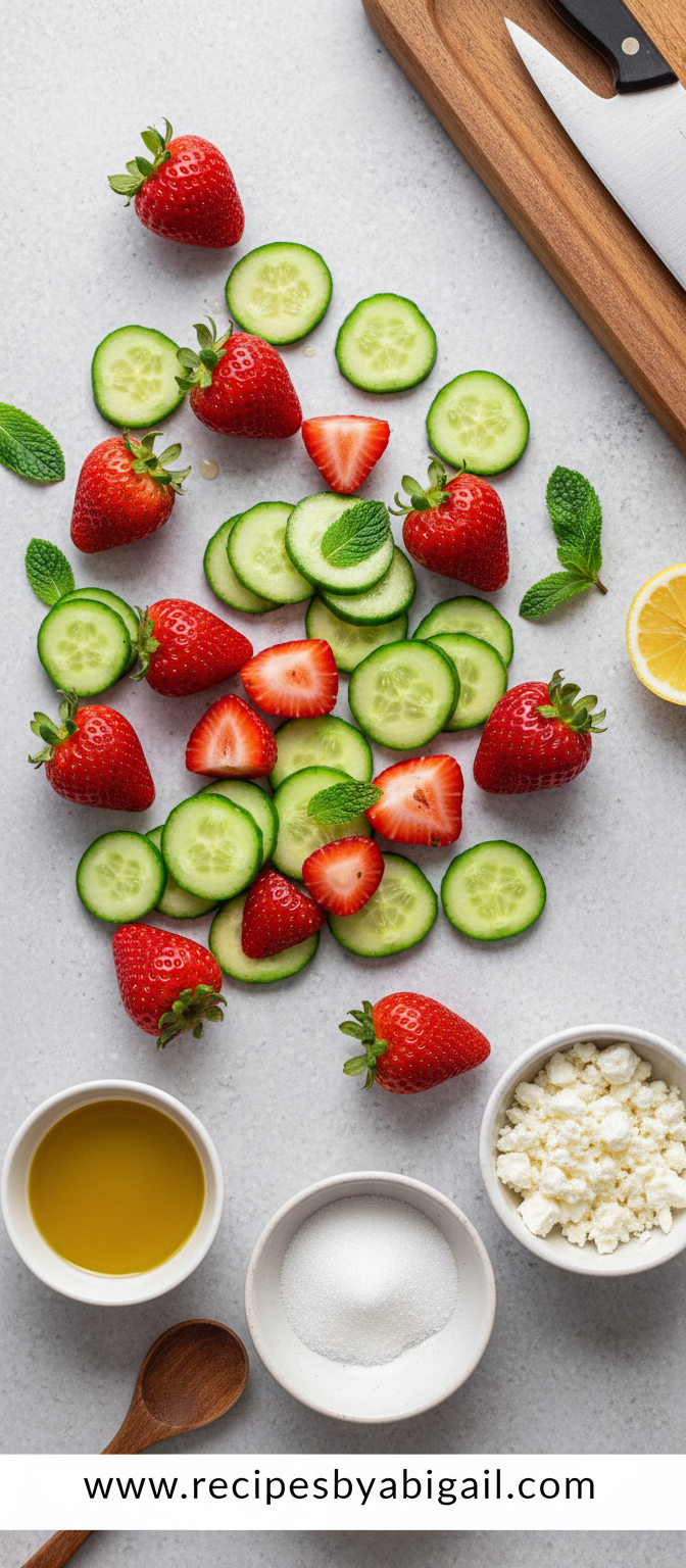 Ultimate Cucumber Strawberry Salad Recipe - Fresh Summer Fruit Veggie Mix 2 Fresh ingredients for cucumber strawberry salad arranged on wooden board