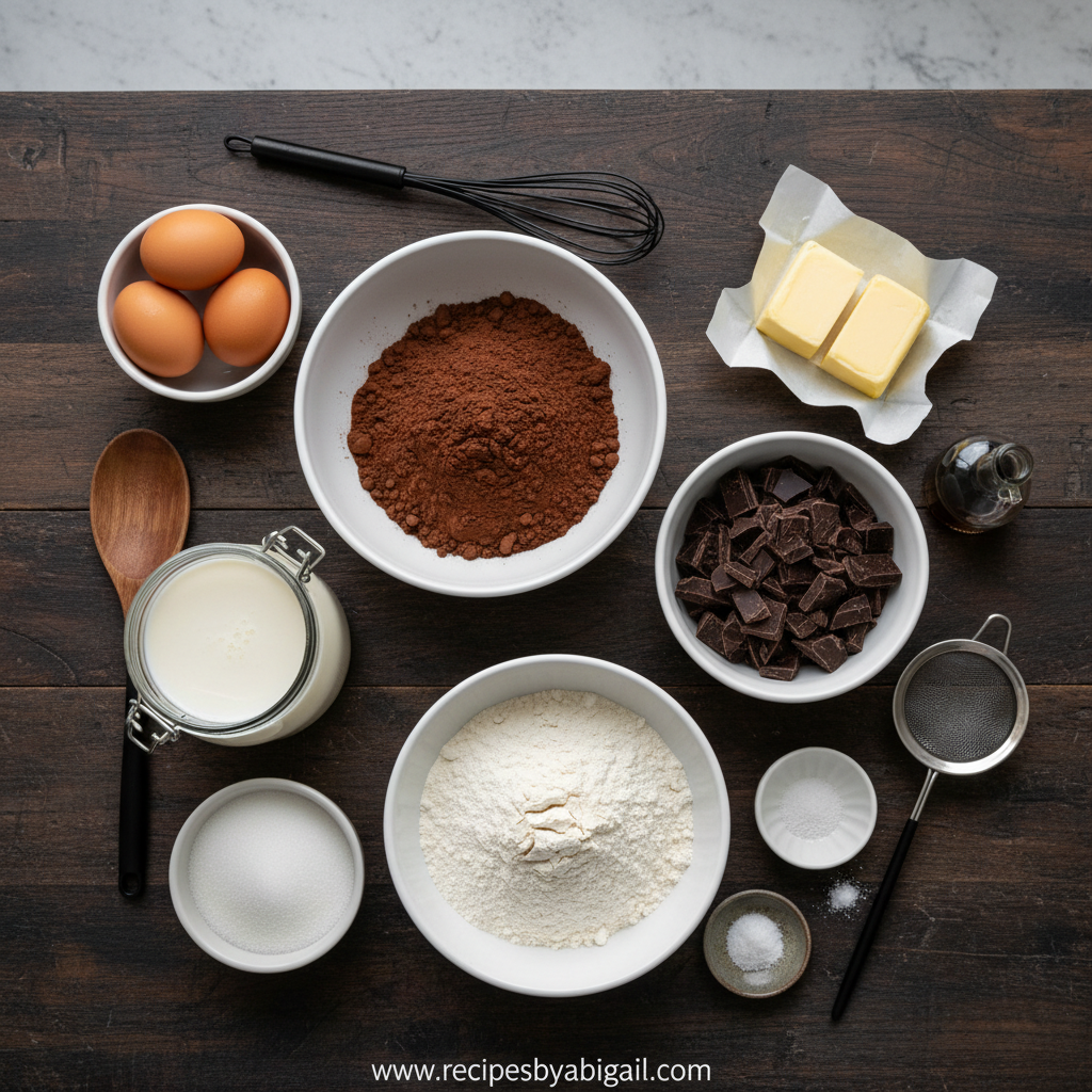 Decadent Four-Layer Dark Chocolate Cake Recipe: The Ultimate Over-the-Top Dessert 2 Ingredients for four-layer chocolate cake on kitchen counter
