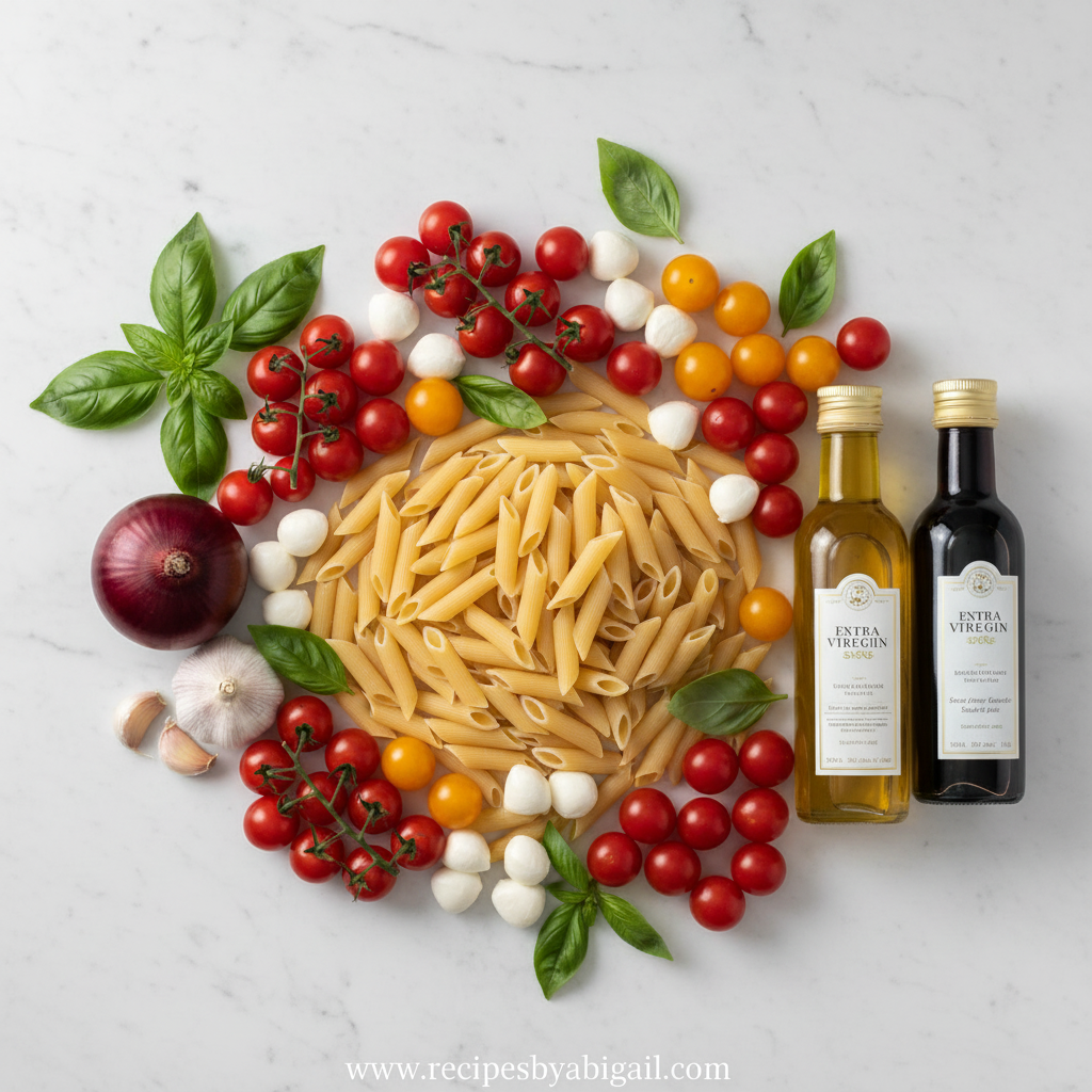 Delicious Bruschetta Pasta Salad - Fresh Italian Inspired Recipe 2 Ingredients for bruschetta pasta salad including tomatoes, basil, pasta, and balsamic