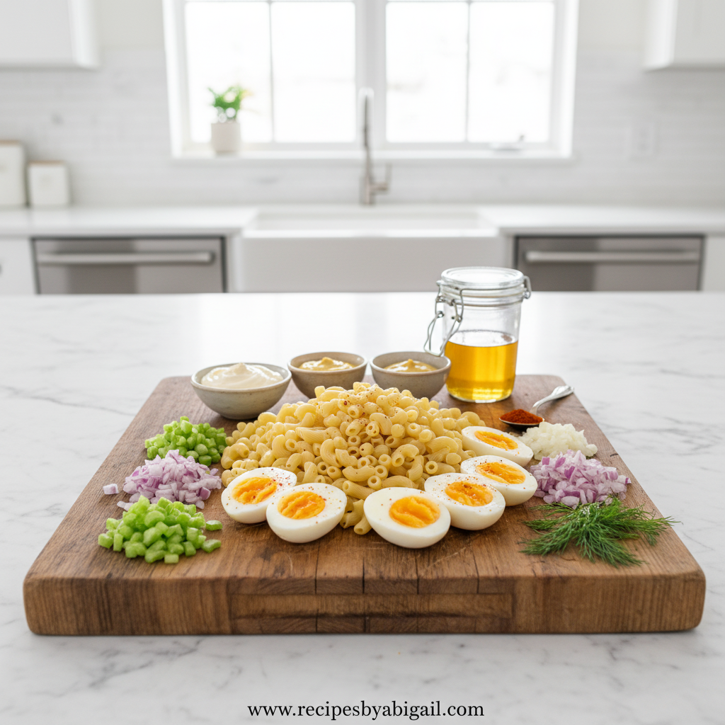 Ultimate Deviled Egg Pasta Salad Recipe - Classic Creamy Macaroni Salad 2 Ingredients for deviled egg pasta salad including macaroni, eggs, mayonnaise, and vegetables