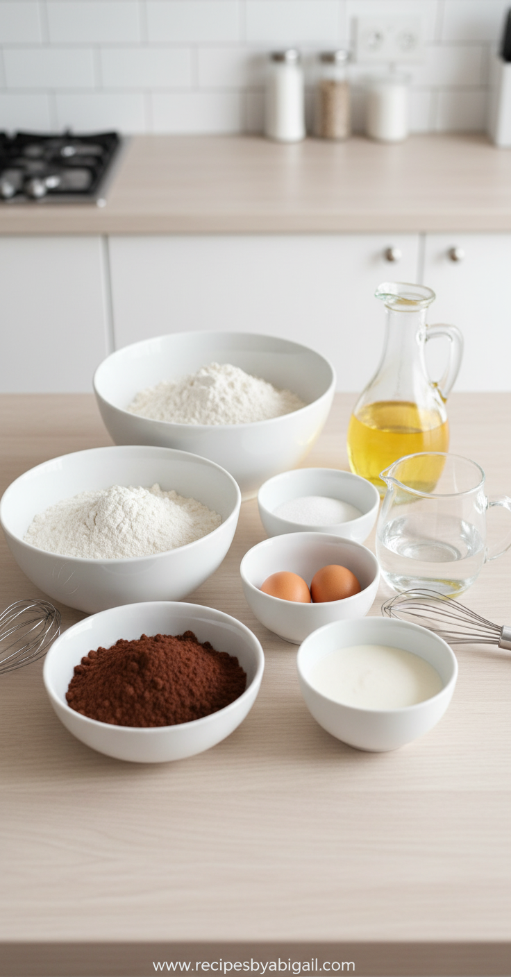 Ultimate Easy Chocolate Traybake: Quick One-Pan Cake with Fudgy Icing 2 Ingredients for chocolate traybake including flour, sugar, cocoa powder, eggs, and butter