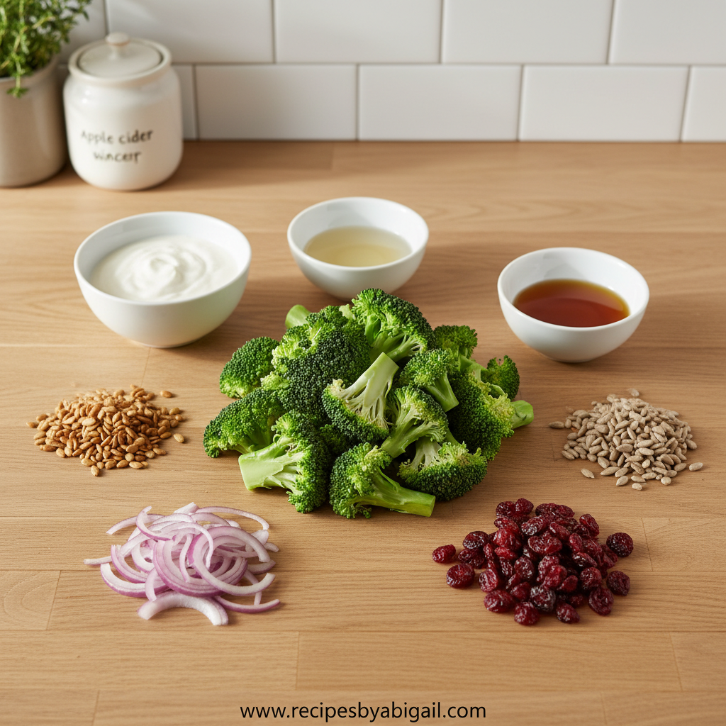Fresh broccoli, red onion, carrots, sunflower seeds and other salad ingredients arranged beautifully
