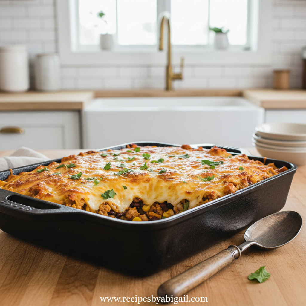Delicious one-pan ground chicken casserole with vegetables and melted cheese