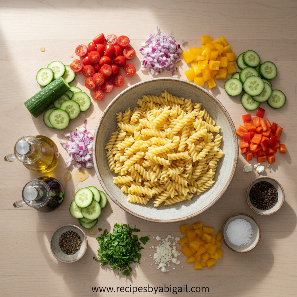 Easy Summer Pasta Salad Recipe | Salade De Pates Froide Made Simple 2 Fresh ingredients for pasta salad including pasta, vegetables, and herbs