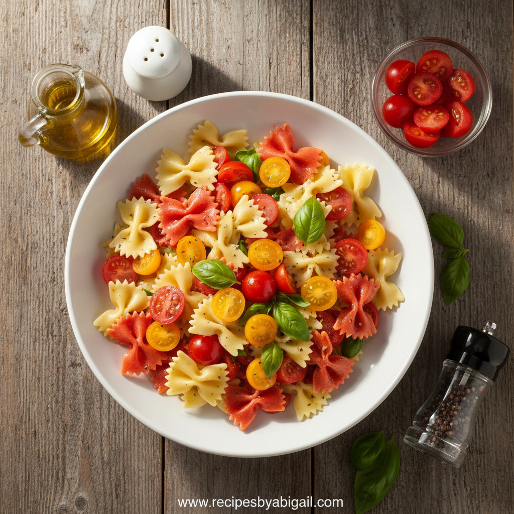 Fresh ingredients for pasta salad including tomatoes, pasta, herbs and vegetables
